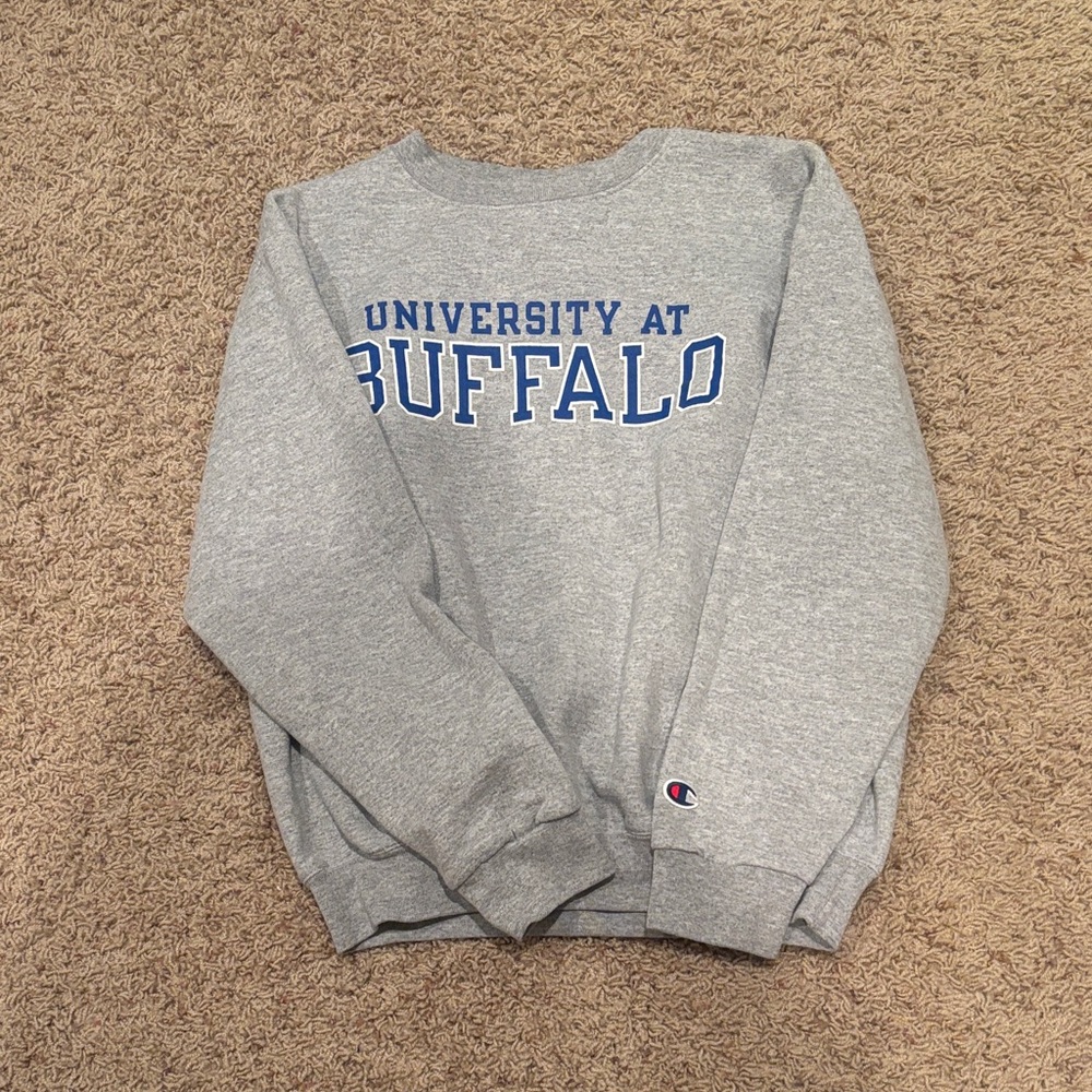 Champion Gray Crewneck Sweater with Blue University at Buffalo Logo